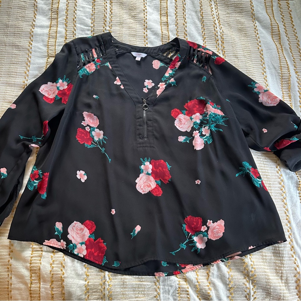 Candies Junior Floral Quarter Zip Pullover Roll Tab Long Sleeve Blouse, Size 2X